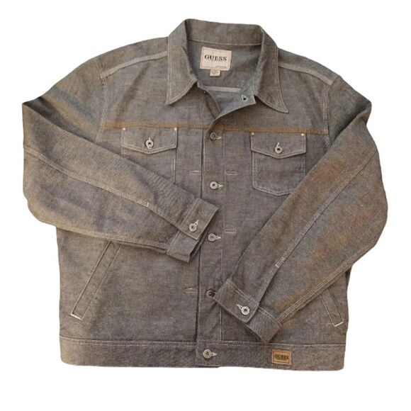 Y2K GUESS Black White 4 Pocket Trucker Denim Jean Jacket Men's Size XXL - Picture 4 of 14